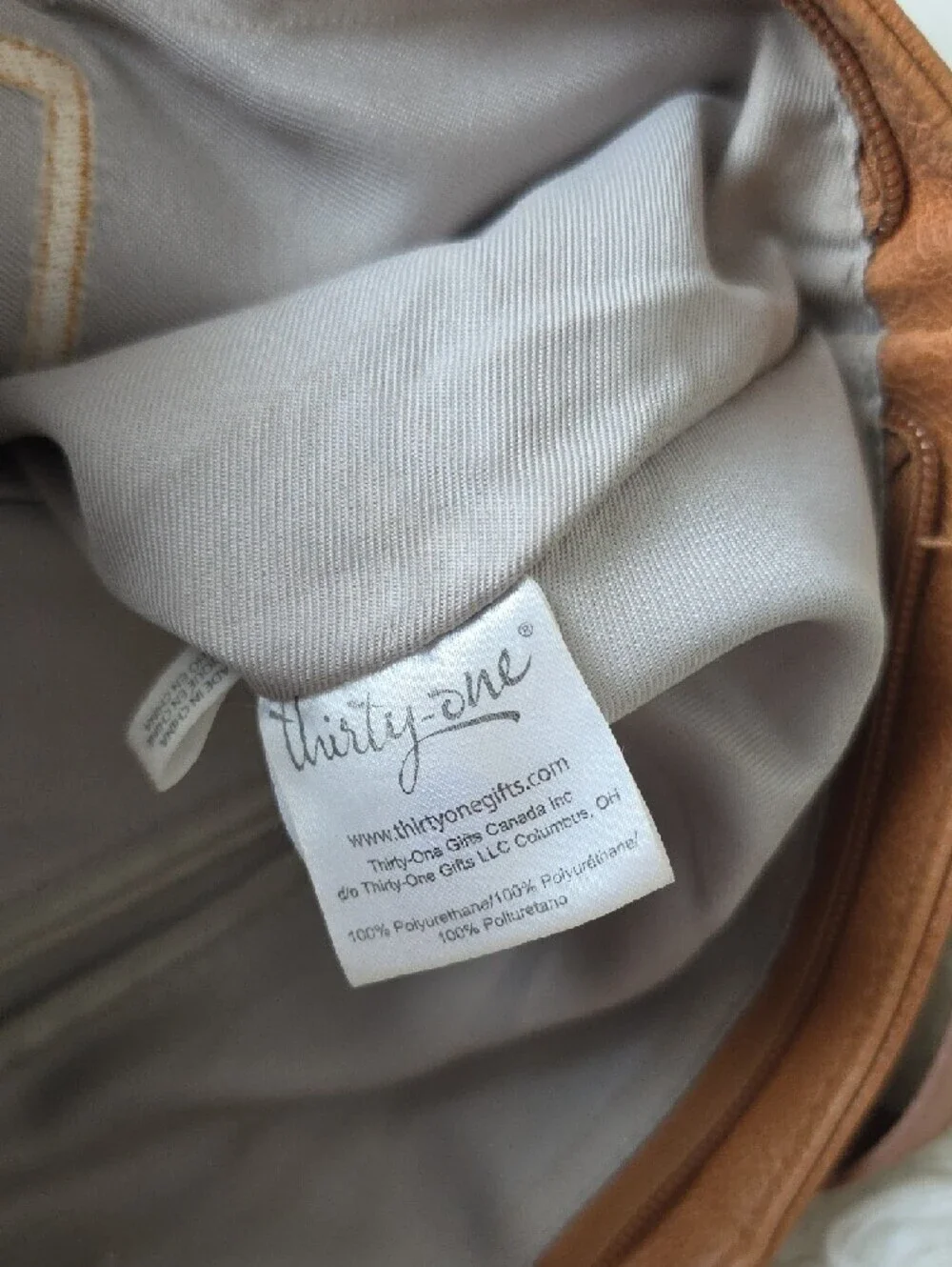 thirty-one Tan Faux Leather Tote with Light Gray Interior and Branded Tag